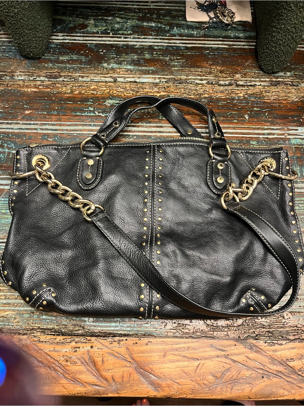 Michael Kors Black Leather Studded Shoulder Tote with Gold Chain